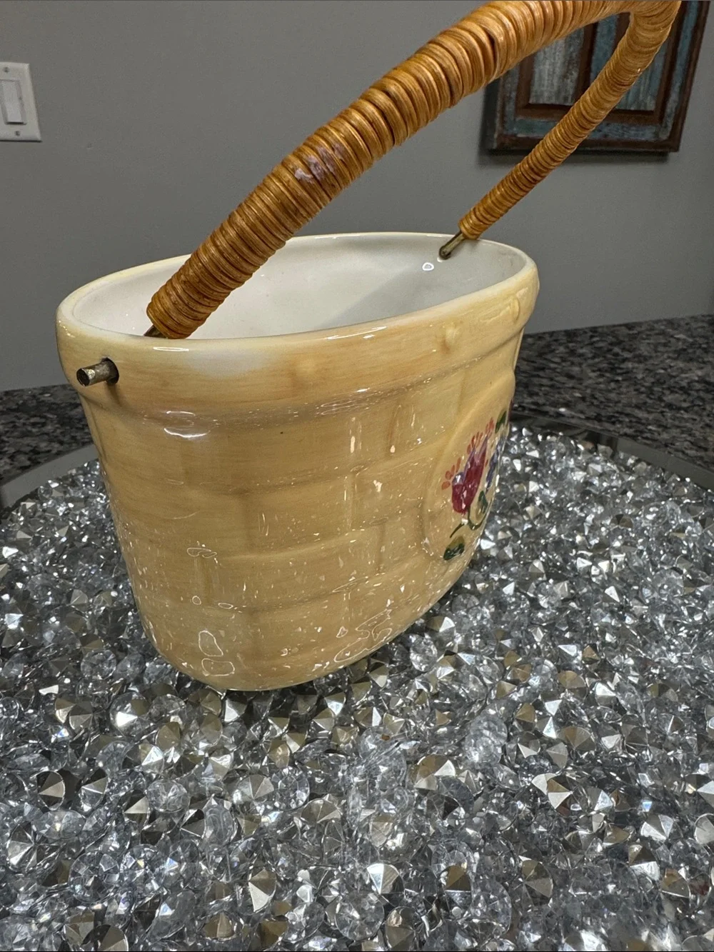 Pfaltzgraff vintage Ceramic Basket Planter with Floral Motif and Woven Handle